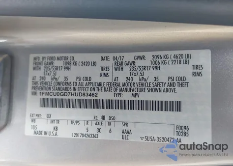 2017 Ford Escape Se from USA, damaged, VIN 1FMCU0GD7HUD83462